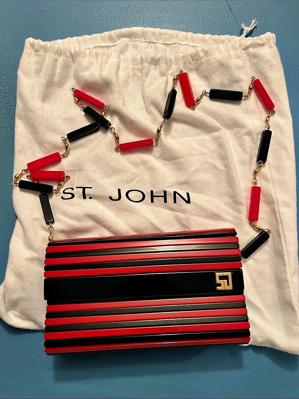 St. John Red & Black Striped Clutch
